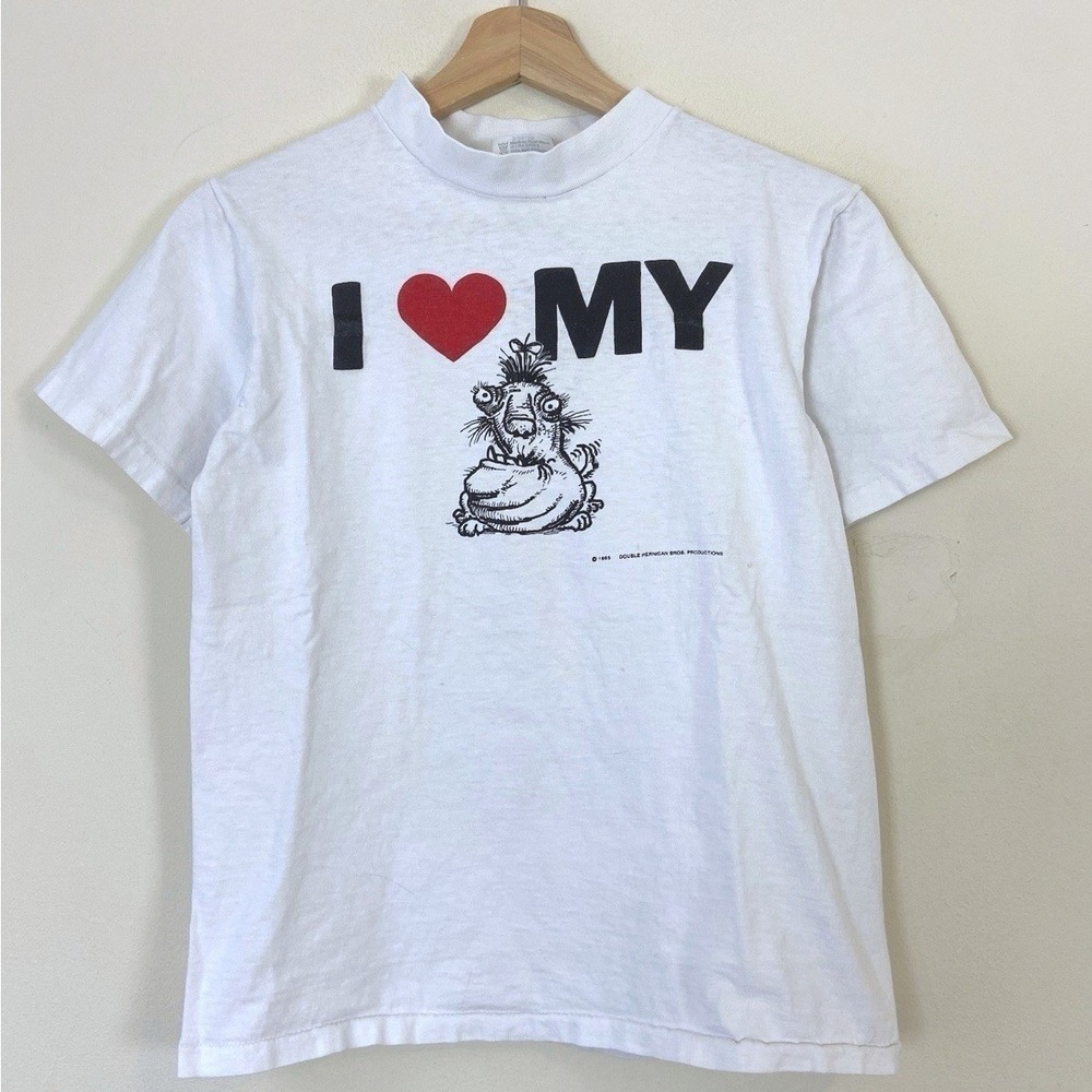 Vintage 80's I Love My Alien Monster Funny Graphic Art White Tee Shirt - Small